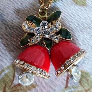 Christmas Bells Red Enameled Rhinestone Holiday Jewelry Necklace Vintage Golden